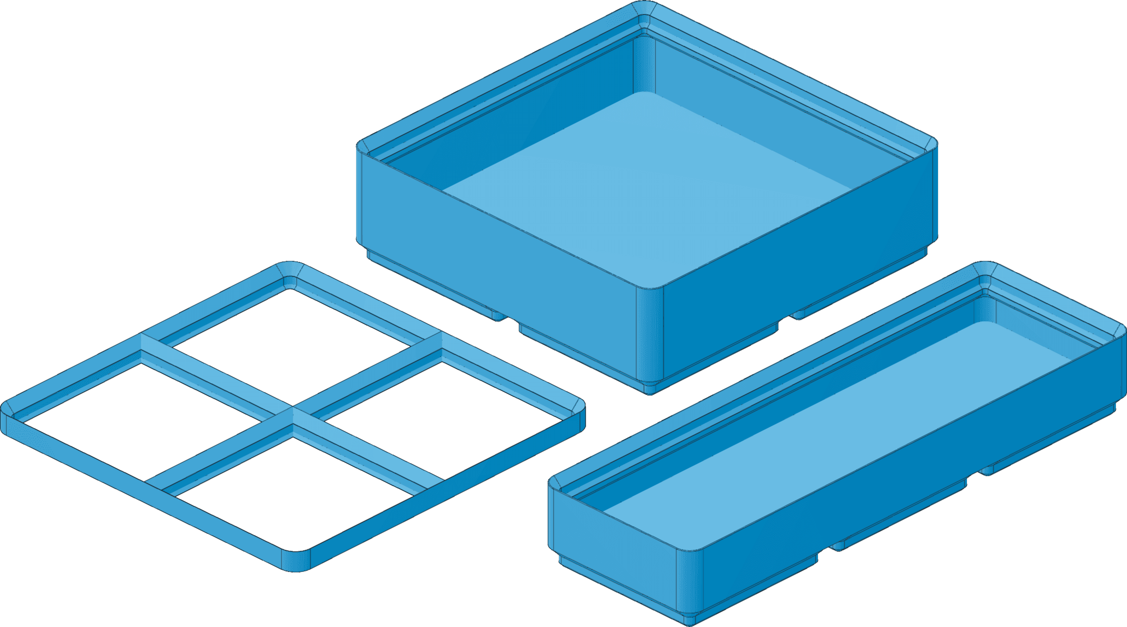 Gridfinity models in light blue. One 4x4 baseplate, one 4x4 box and a 3x1 box.